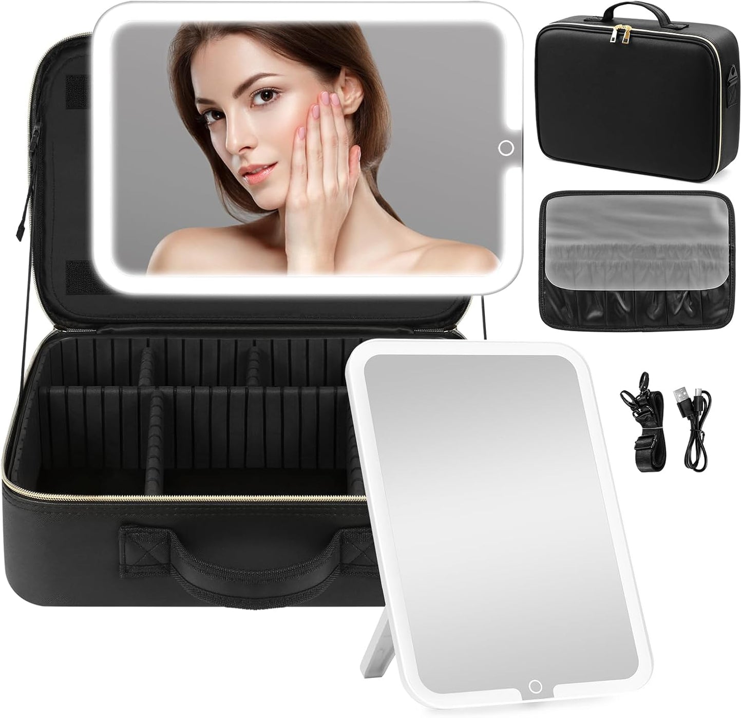 15''X11'' Large Capacity Makeup Bag with LED Mirror, Professional Makeup Case Organizer with 3 Color Light Adjustable Brightness, Travel Make up Cosmetic Case with Detachable Dividers & Shoulder Strap
