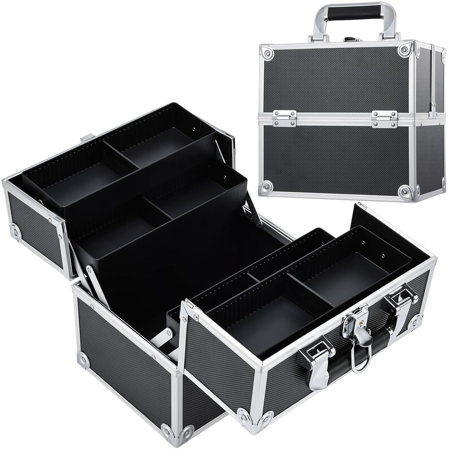 Makeup Train Case Cosmetic Organizer Case Professional Makeup Storage Box 4 Trays with Divider Lockable Travel Case Portable Travel Makeup Box for Makeup Artist, Carfter, Cosmetics Black