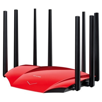 TP-Link wireless router with multiple antennas, red design, showcasing advanced networking features.