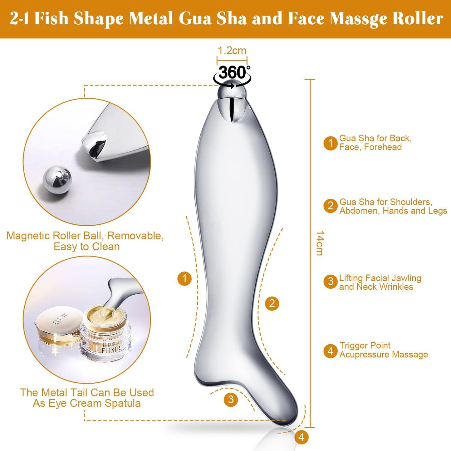 Body Gua Sha Scraping Massage Therapy Tool, Facial Massage Roller, Eye Cream Roller Applicator, Steel Facial Gua Sha for Skin Lift, Zinc Alloy Guasha Massager for Relax, Muscle Soreness