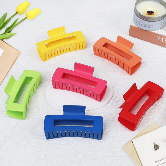 4 Inch Big Hair Claw Clips - 6 Pcs Large for Thick Hair, Square and Rectangle, Banana Jaw Clips, Hair Accessories for Women and Girls - Dopamine