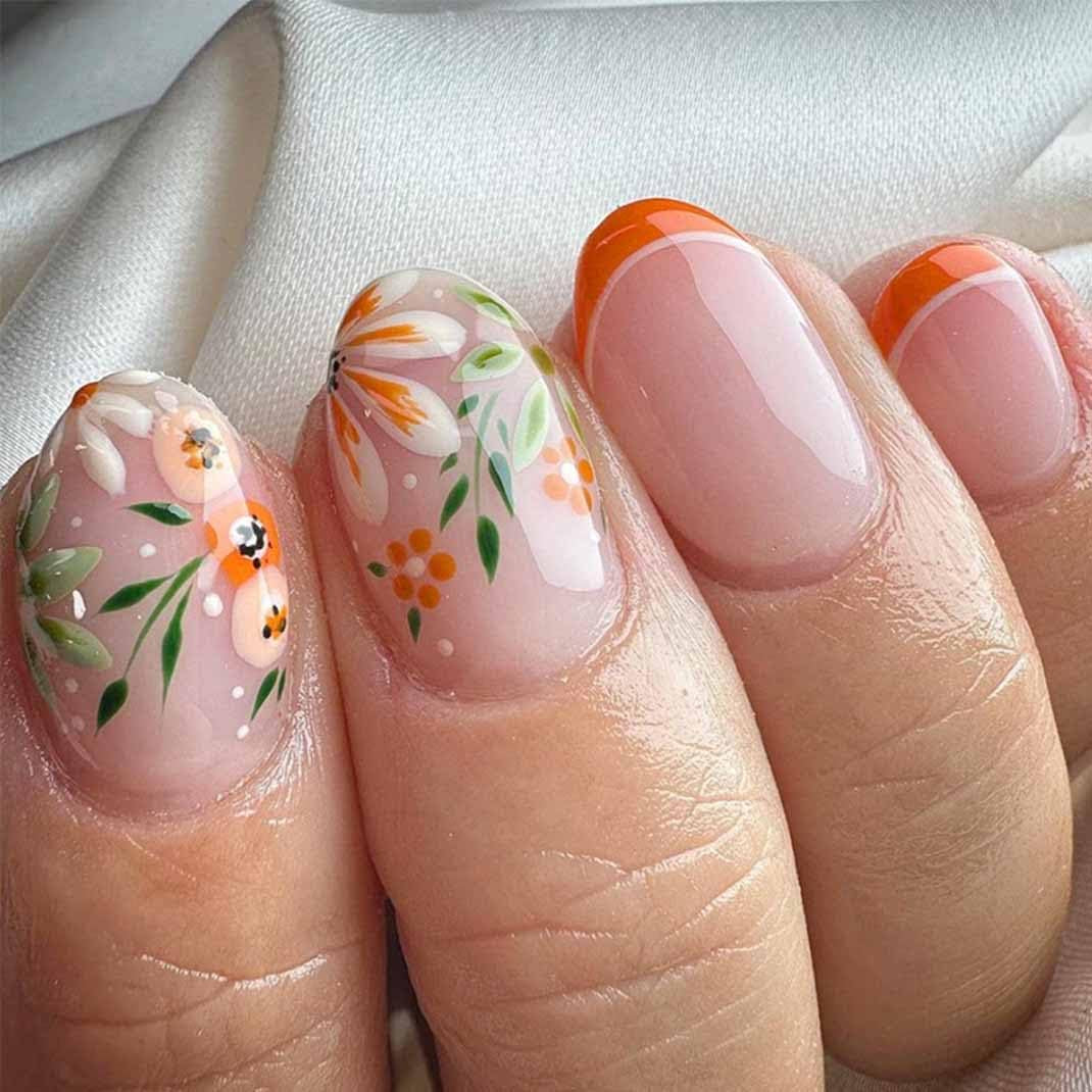 Almond Press Nails - Medium Fake Nails, Nude & Black, Glossy Stick On, Full Cover, 24 Pcs/Set