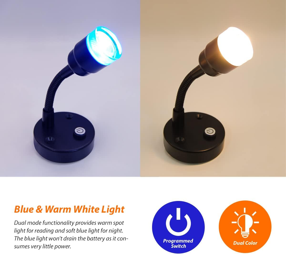 RV Interior LED Lights - 12V Couch Overhead Bedside Reading Light - Blue & Warm White Lighting - Wall Mounted for RV Trailer Motorhome, Pack of 2
