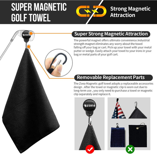 Magnetic Towel, Magnetic Clip for Golf Towel, Microfiber Fabric Waffle Pattern Towels Industrial Strength Magnet for Strong Hold to Golf Carts or Clubs (1, Black 27 * 20)
