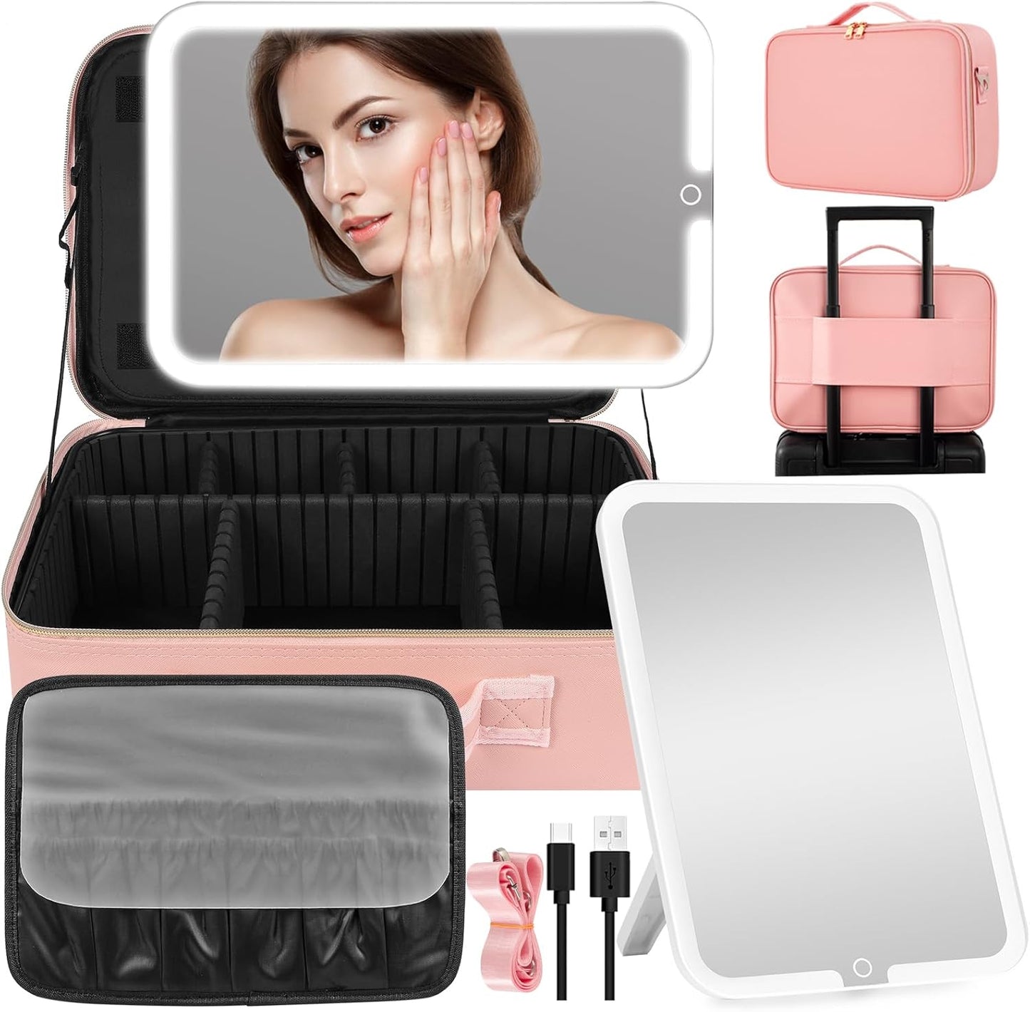 15''X11'' Large Capacity Makeup Bag with LED Mirror, Professional Makeup Case Organizer with 3 Color Light Adjustable Brightness, Travel Make up Cosmetic Case with Detachable Dividers & Shoulder Strap