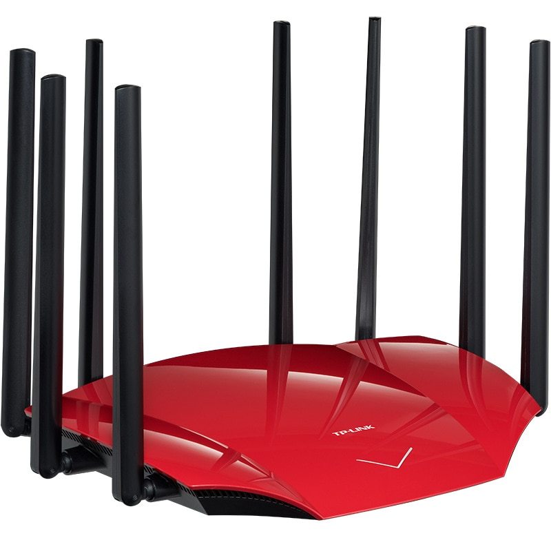 Red wireless router with multiple antennas, designed for high-speed internet connectivity.
