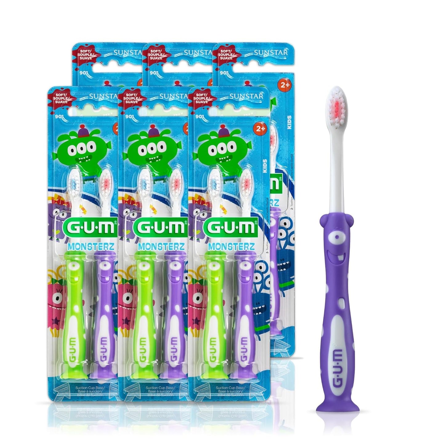Monsterz Jr Kids’ Toothbrush, Soft Bristled Children’S Toothbrush with Suction Cup, for Ages 5+, 1 Count(Pack of 6)