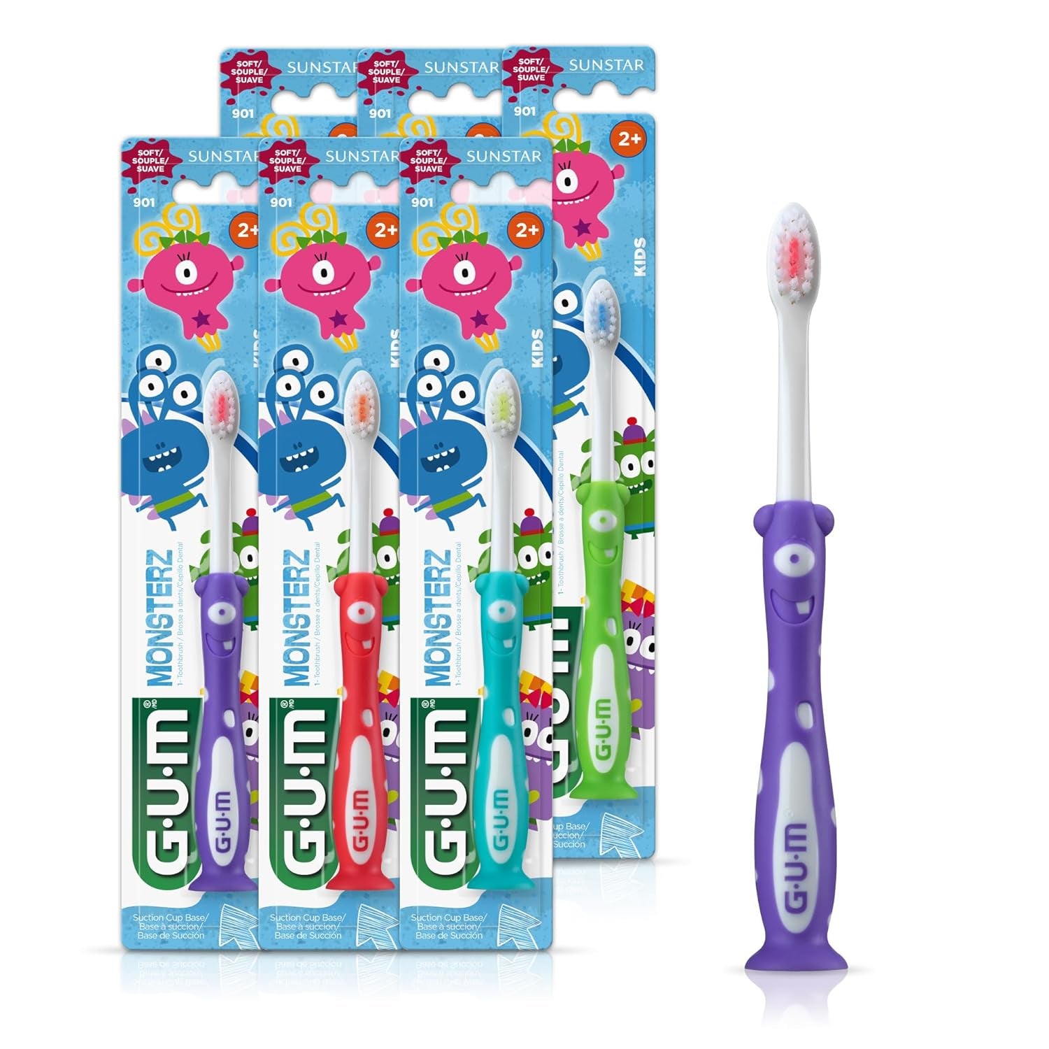 Monsterz Jr Kids’ Toothbrush, Soft Bristled Children’S Toothbrush with Suction Cup, for Ages 5+, 1 Count(Pack of 6)