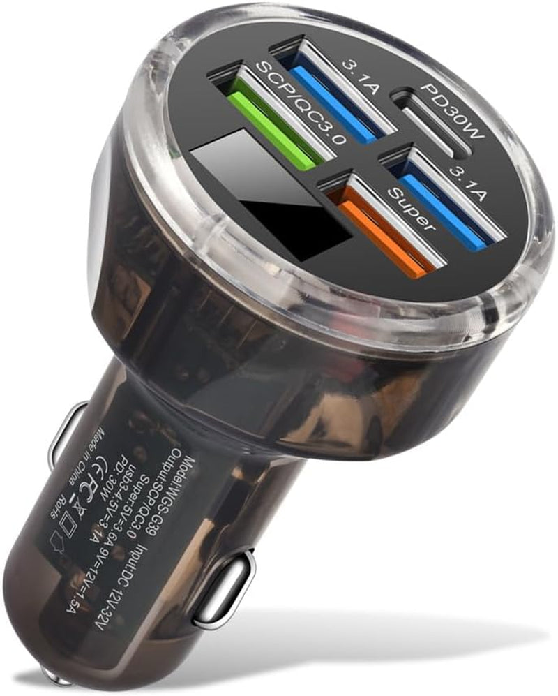 5 Multi Port USB C Car Phone Charger Adapter, 65W Super Fast Charging Car Cigarette Lighter USB Charge with Voltage Display for Iphone 16 15 14 13 12 11/Android/Samsung/Ipad and More