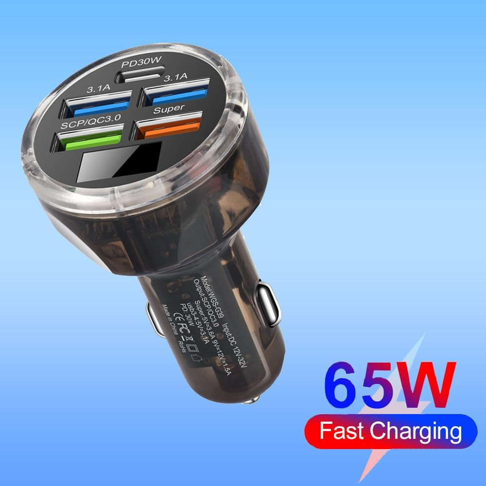 5 Multi Port USB C Car Phone Charger Adapter, 65W Super Fast Charging Car Cigarette Lighter USB Charge with Voltage Display for Iphone 16 15 14 13 12 11/Android/Samsung/Ipad and More