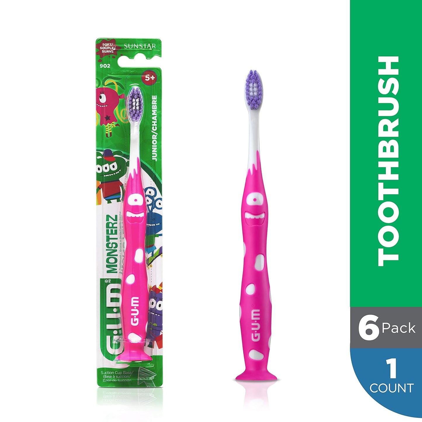 Monsterz Jr Kids’ Toothbrush, Soft Bristled Children’S Toothbrush with Suction Cup, for Ages 5+, 1 Count(Pack of 6)