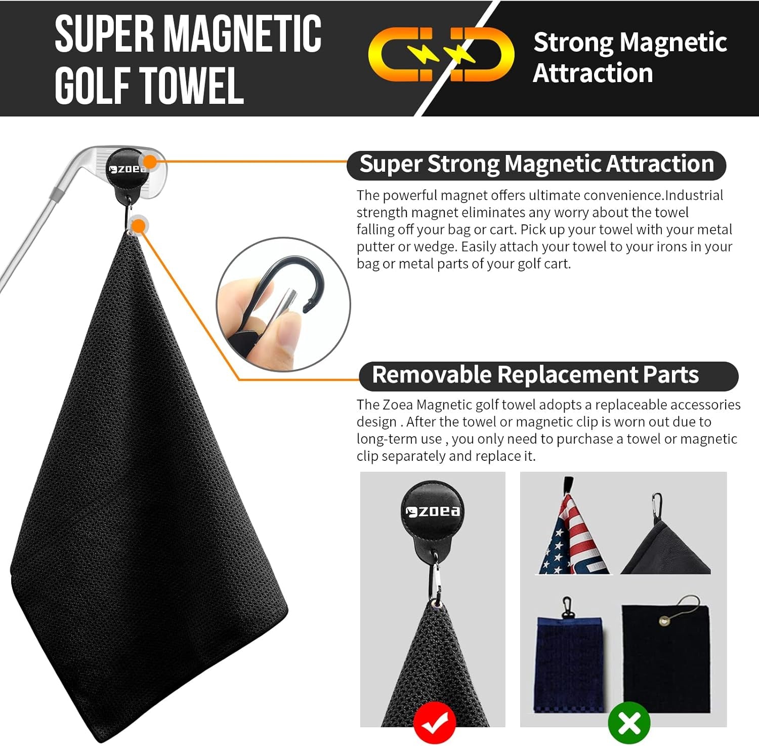 Magnetic Towel, Magnetic Clip for Golf Towel, Microfiber Fabric Waffle Pattern Towels Industrial Strength Magnet for Strong Hold to Golf Carts or Clubs (1, Black 27 * 20)