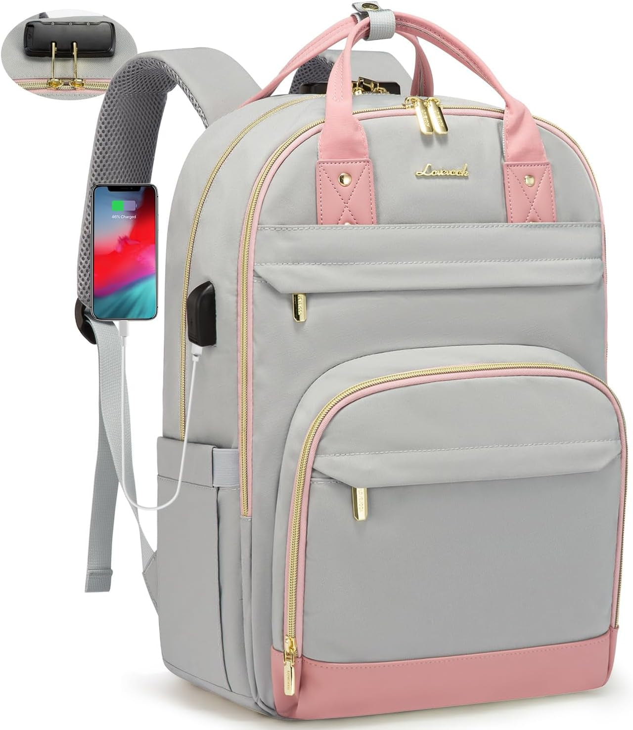 Laptop Backpack for Women & Men, Unisex Travel Anti-Theft Work Bag, Business Computer College Backpacks Purse, Casual Hiking Outdoor Carry on Daypack with Lock, Fits 15.6 Inch Laptop, Grey