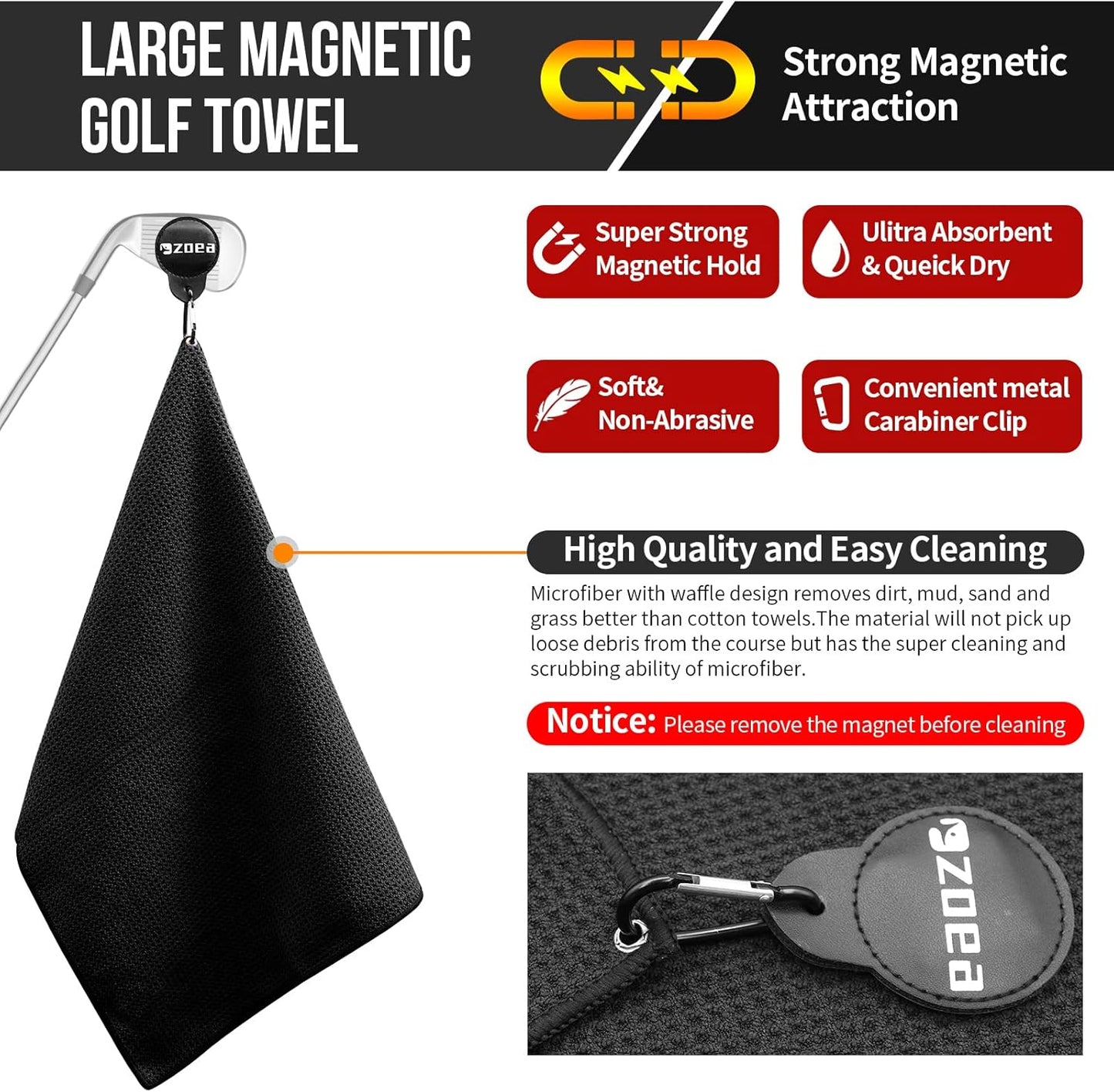 Magnetic Towel, Magnetic Clip for Golf Towel, Microfiber Fabric Waffle Pattern Towels Industrial Strength Magnet for Strong Hold to Golf Carts or Clubs (1, Black 27 * 20)